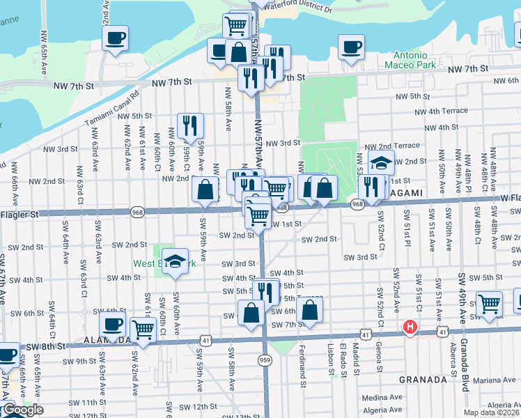 map of restaurants, bars, coffee shops, grocery stores, and more near 3 Southwest 57th Avenue in Miami