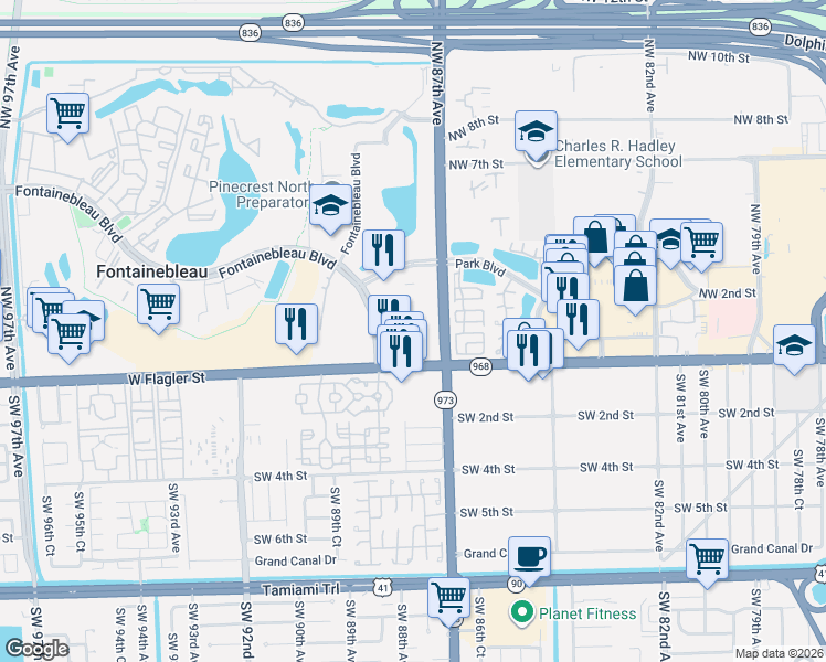 map of restaurants, bars, coffee shops, grocery stores, and more near 40 Northwest 87th Avenue in Miami