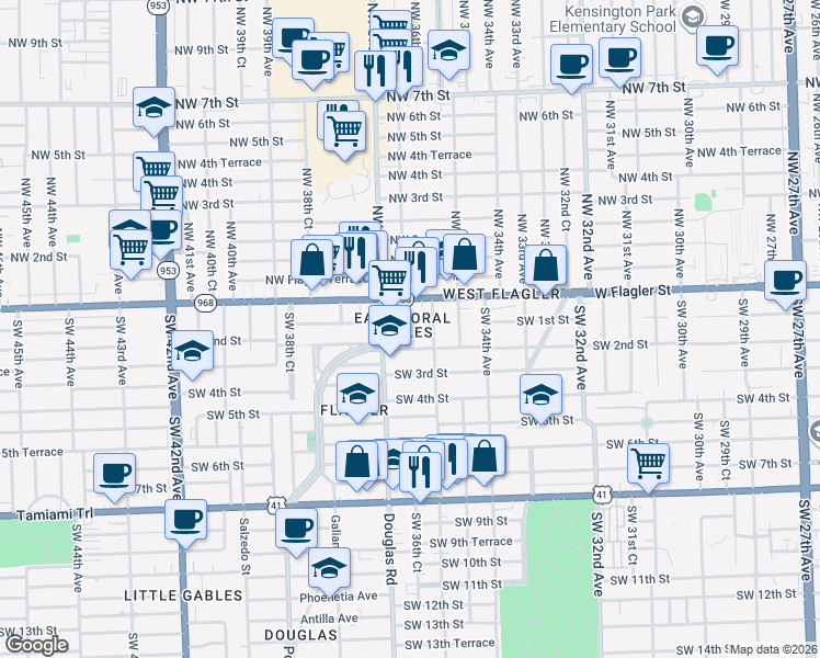 map of restaurants, bars, coffee shops, grocery stores, and more near in Coral Gables