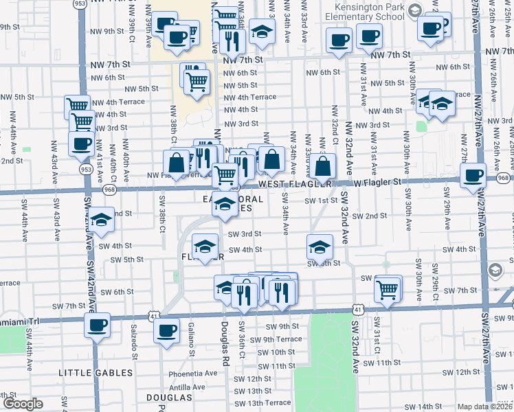 map of restaurants, bars, coffee shops, grocery stores, and more near 3500 West Flagler Street in Miami