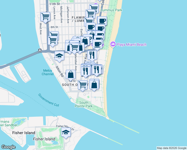 map of restaurants, bars, coffee shops, grocery stores, and more near 226 Ocean Court in Miami Beach