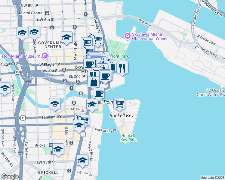 map of restaurants, bars, coffee shops, grocery stores, and more near 405 South Biscayne Boulevard in Miami