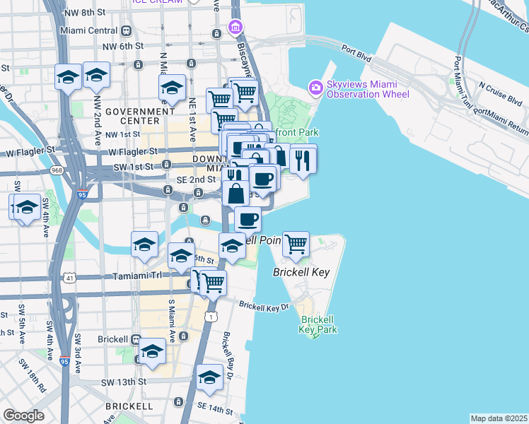 map of restaurants, bars, coffee shops, grocery stores, and more near 405 South Biscayne Boulevard in Miami