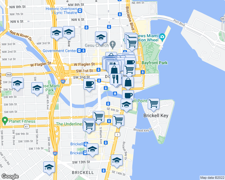 map of restaurants, bars, coffee shops, grocery stores, and more near 100 Southeast 2nd Street in Miami