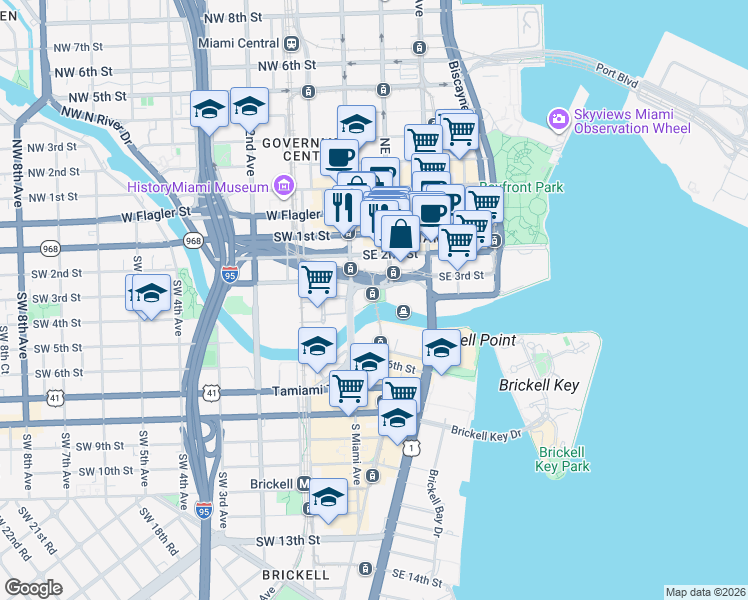 map of restaurants, bars, coffee shops, grocery stores, and more near in Miami