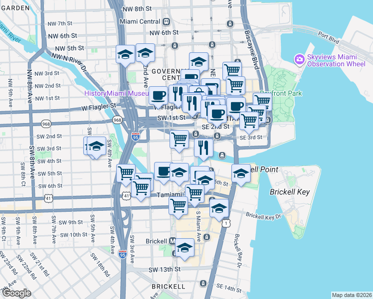 map of restaurants, bars, coffee shops, grocery stores, and more near 74 Southwest 3rd Street in Miami