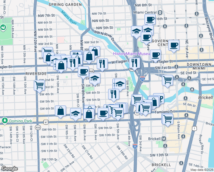 map of restaurants, bars, coffee shops, grocery stores, and more near 536 Southwest 2nd Street in Miami