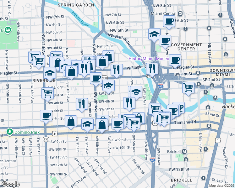 map of restaurants, bars, coffee shops, grocery stores, and more near 634 Southwest 2nd Street in Miami
