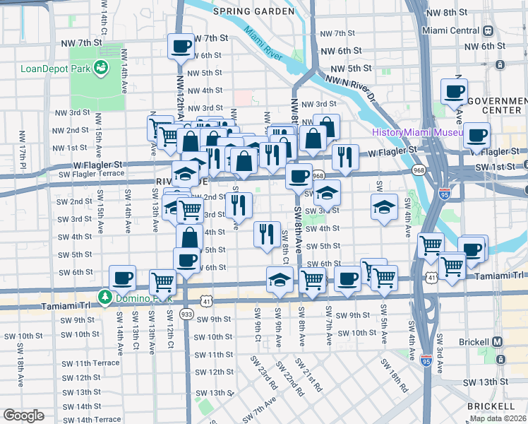 map of restaurants, bars, coffee shops, grocery stores, and more near 902 Southwest 2nd Street in Miami