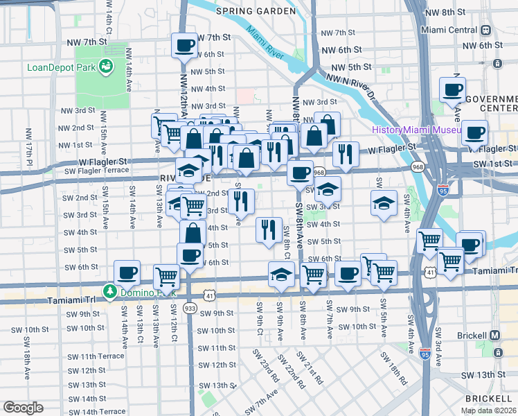 map of restaurants, bars, coffee shops, grocery stores, and more near 902 Southwest 2nd Street in Miami