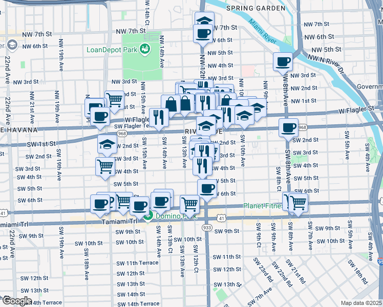 map of restaurants, bars, coffee shops, grocery stores, and more near 1250 Southwest 2nd Street in Miami