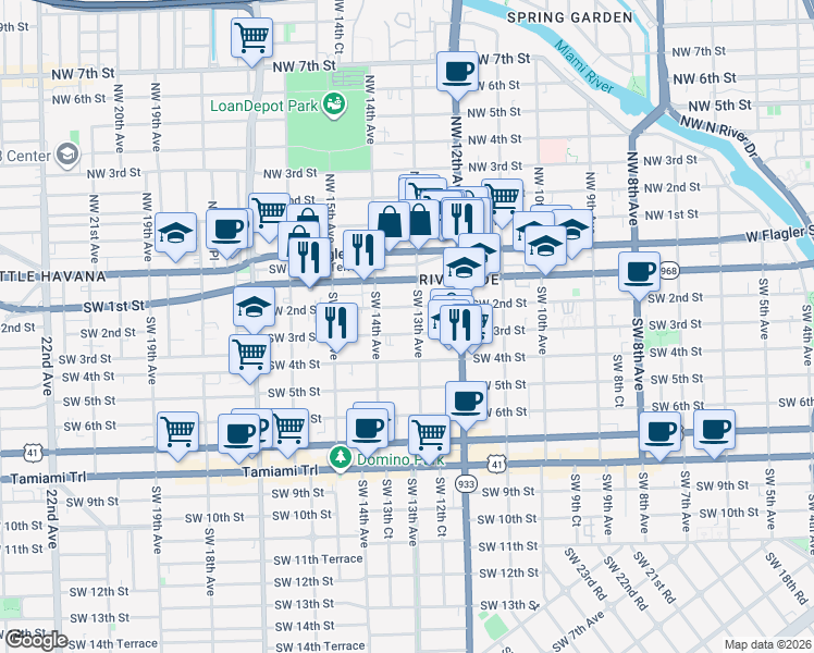 map of restaurants, bars, coffee shops, grocery stores, and more near 1331 Southwest 2nd Street in Miami