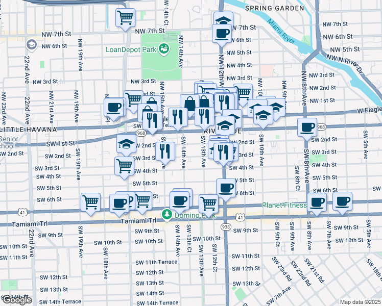 map of restaurants, bars, coffee shops, grocery stores, and more near 1331 Southwest 2nd Street in Miami