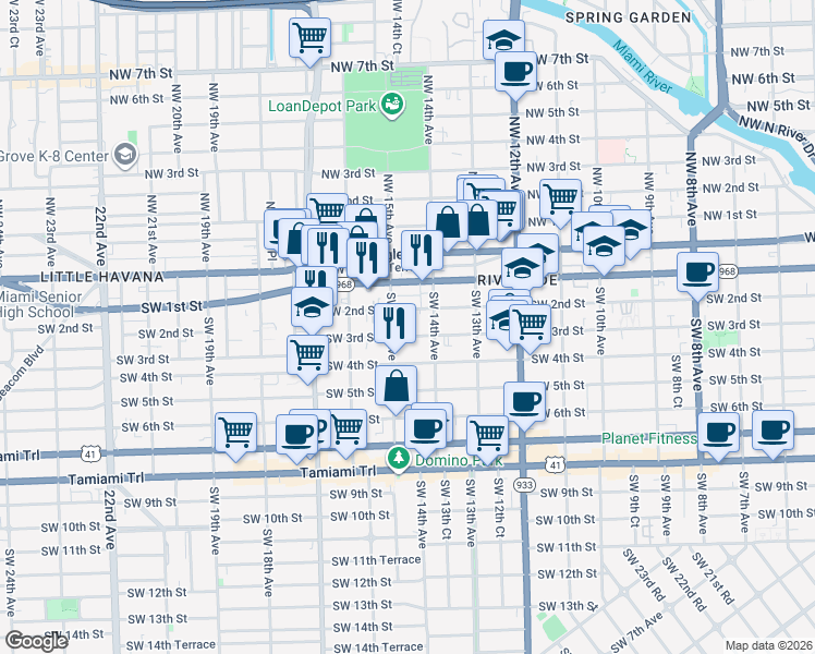 map of restaurants, bars, coffee shops, grocery stores, and more near 1429 Southwest 2nd Street in Miami