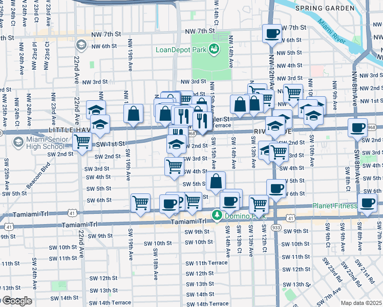 map of restaurants, bars, coffee shops, grocery stores, and more near 1609 Southwest 2nd Street in Miami