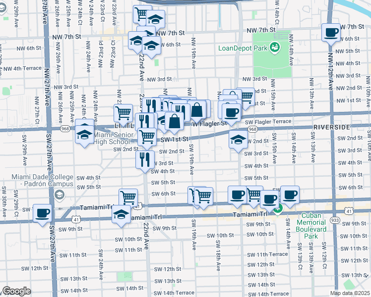 map of restaurants, bars, coffee shops, grocery stores, and more near 1990 Southwest 1st Street in Miami