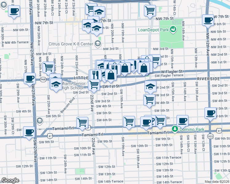 map of restaurants, bars, coffee shops, grocery stores, and more near 1990 Southwest 1st Street in Miami