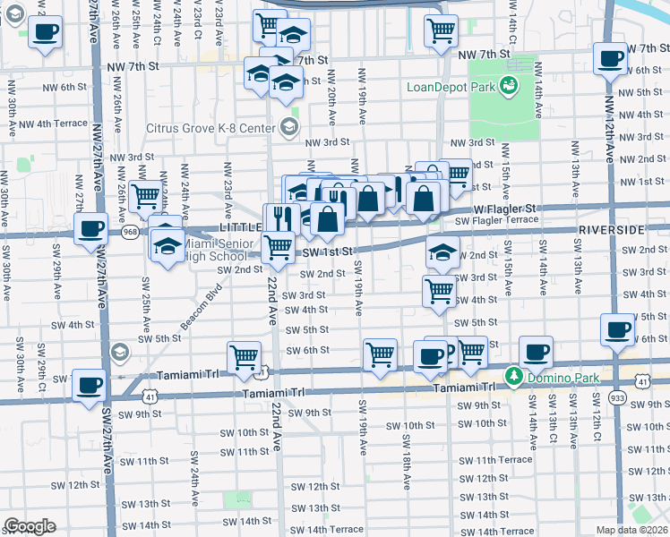 map of restaurants, bars, coffee shops, grocery stores, and more near 1990 Southwest 1st Street in Miami