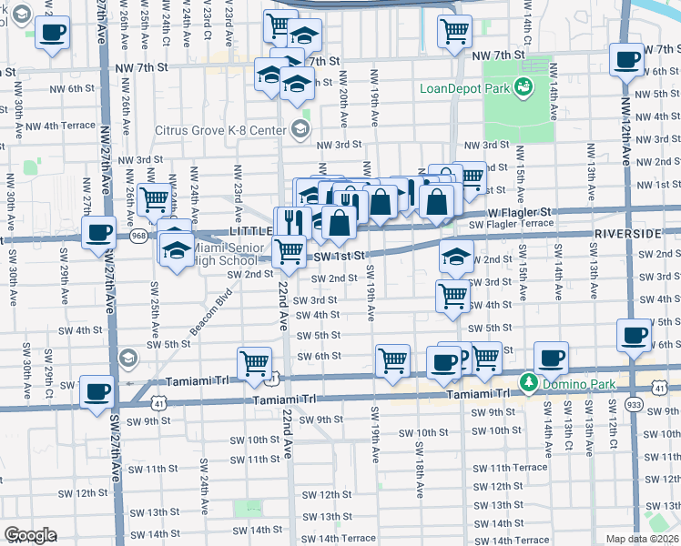 map of restaurants, bars, coffee shops, grocery stores, and more near 1992 Southwest 1st Street in Miami