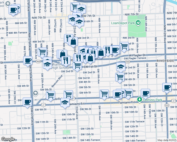 map of restaurants, bars, coffee shops, grocery stores, and more near 2093 Southwest 1st Street in Miami