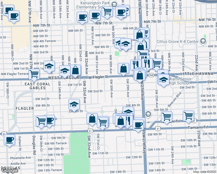 map of restaurants, bars, coffee shops, grocery stores, and more near 70 Southwest 30th Avenue in Miami
