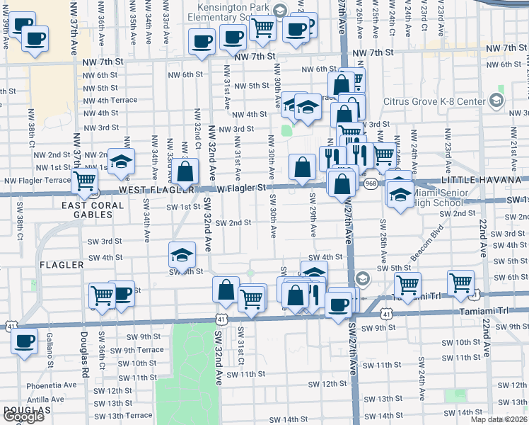 map of restaurants, bars, coffee shops, grocery stores, and more near 70 Southwest 30th Avenue in Miami