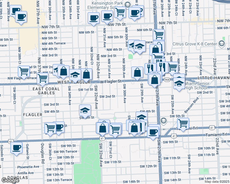 map of restaurants, bars, coffee shops, grocery stores, and more near 35 Southwest 31st Avenue in Miami