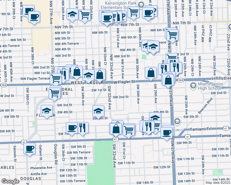 map of restaurants, bars, coffee shops, grocery stores, and more near 20 Southwest 31st Court in Miami
