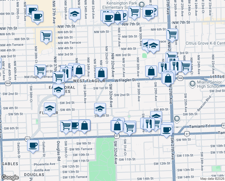 map of restaurants, bars, coffee shops, grocery stores, and more near 20 Southwest 31st Court in Miami