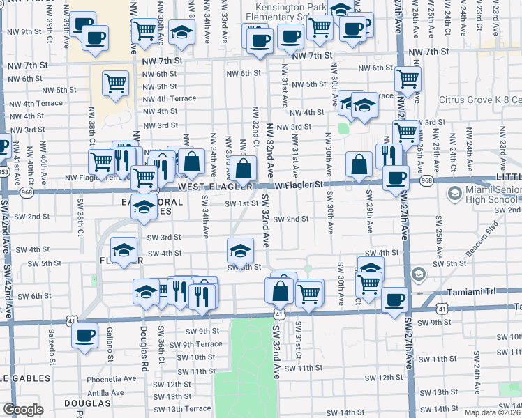 map of restaurants, bars, coffee shops, grocery stores, and more near 12 Southwest 32nd Court Road in Miami