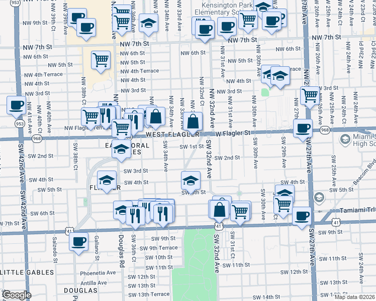 map of restaurants, bars, coffee shops, grocery stores, and more near in Miami