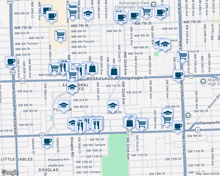 map of restaurants, bars, coffee shops, grocery stores, and more near 10 Southwest 33rd Avenue in Miami