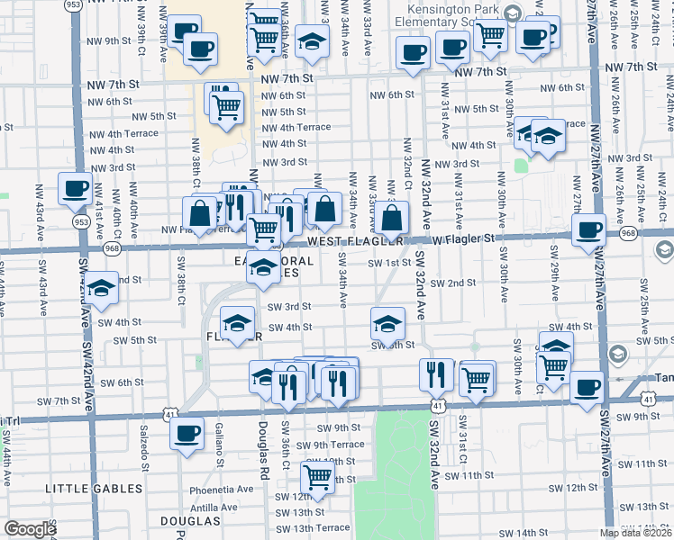 map of restaurants, bars, coffee shops, grocery stores, and more near 38 Southwest 34th Avenue in Miami
