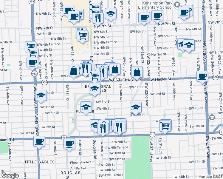 map of restaurants, bars, coffee shops, grocery stores, and more near 3500 West Flagler Street in Miami