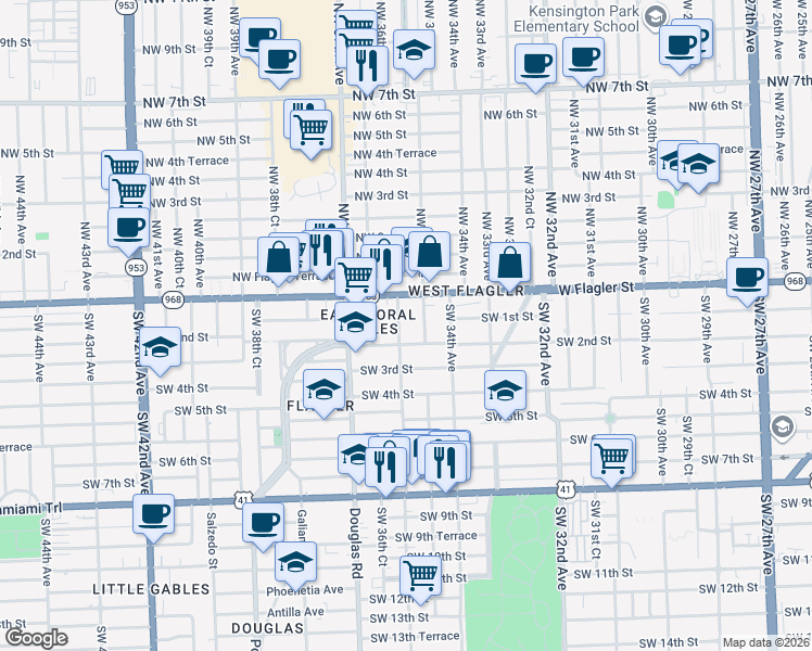 map of restaurants, bars, coffee shops, grocery stores, and more near 3500 West Flagler Street in Miami