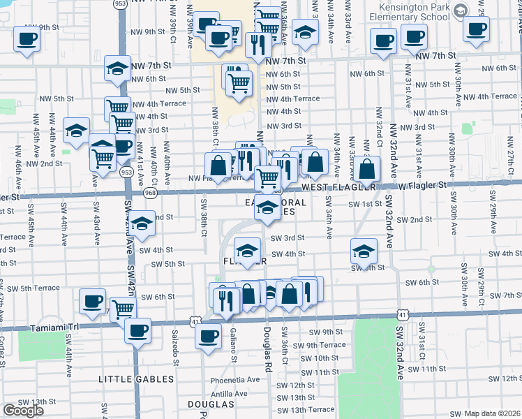 map of restaurants, bars, coffee shops, grocery stores, and more near in Miami