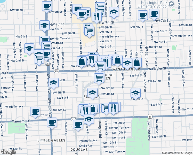 map of restaurants, bars, coffee shops, grocery stores, and more near in Miami