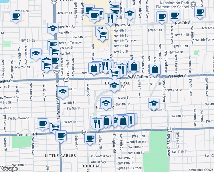 map of restaurants, bars, coffee shops, grocery stores, and more near in Miami