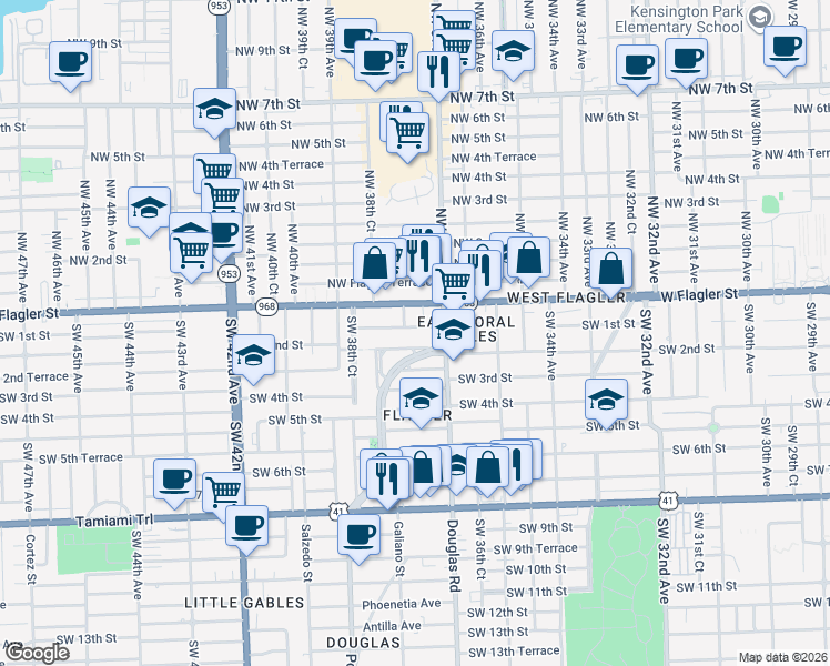 map of restaurants, bars, coffee shops, grocery stores, and more near 3700 West Flagler Street in Coral Gables