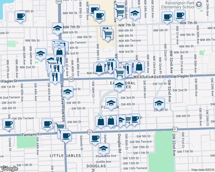 map of restaurants, bars, coffee shops, grocery stores, and more near 3800 Florida 968 in Miami