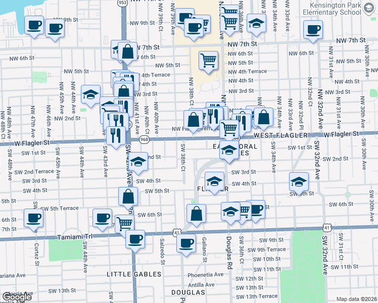 map of restaurants, bars, coffee shops, grocery stores, and more near 3890 Florida 968 in Miami