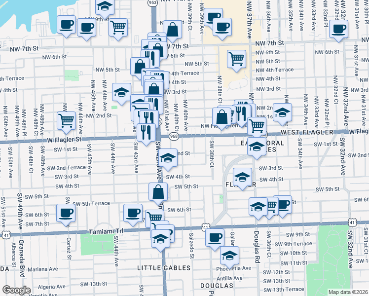 map of restaurants, bars, coffee shops, grocery stores, and more near 4000 West Flagler Street in Miami