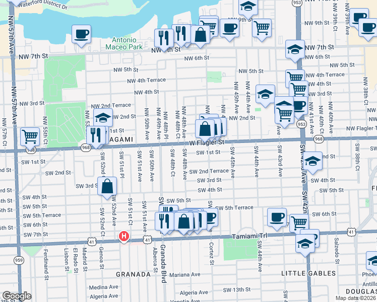 map of restaurants, bars, coffee shops, grocery stores, and more near 3 Northwest 48th Court in Miami