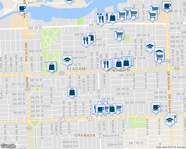 map of restaurants, bars, coffee shops, grocery stores, and more near 20 Northwest 50th Avenue in Miami