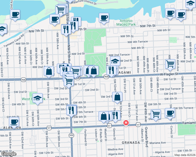 map of restaurants, bars, coffee shops, grocery stores, and more near 5305 West Flagler Street in Coral Gables