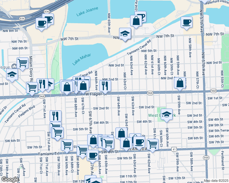 map of restaurants, bars, coffee shops, grocery stores, and more near 75 Northwest 64th Court in Miami