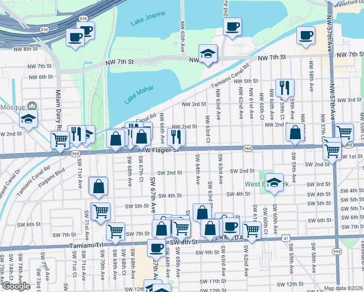 map of restaurants, bars, coffee shops, grocery stores, and more near 75 Northwest 64th Court in Miami