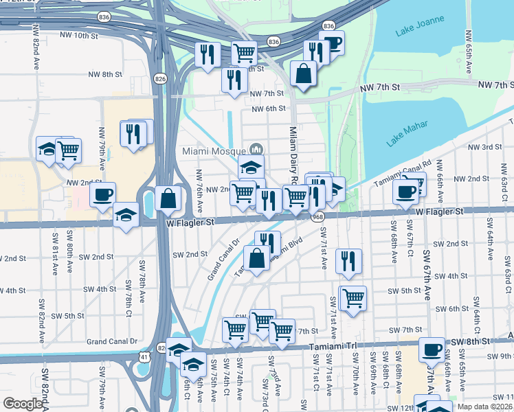 map of restaurants, bars, coffee shops, grocery stores, and more near 59 Northwest Boulevard in Miami