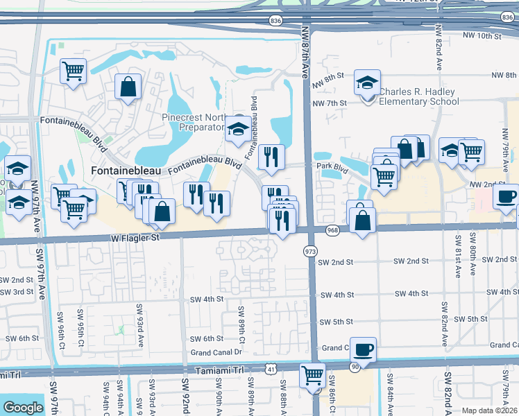 map of restaurants, bars, coffee shops, grocery stores, and more near 2728 Fontainebleau Boulevard in Miami