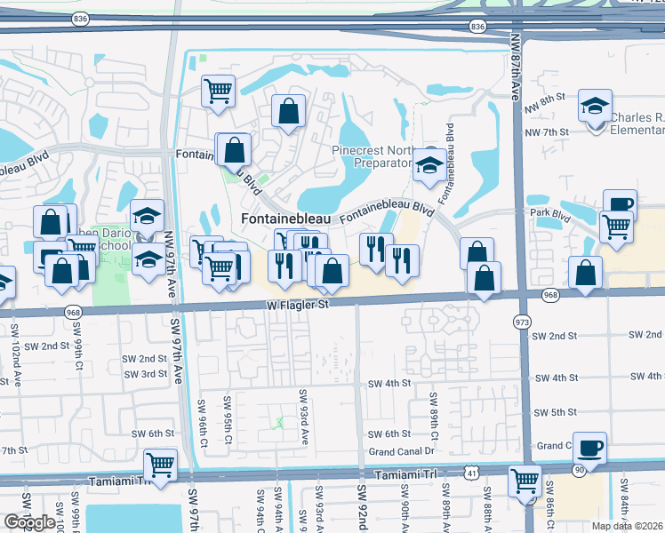 map of restaurants, bars, coffee shops, grocery stores, and more near 9270 Fontainebleau Boulevard in Miami